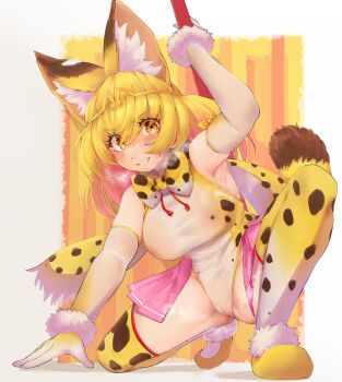 1girl absurdres alternate_costume animal_ears bare_shoulders blonde_hair blush bow bowtie cameltoe cat_ears cat_girl cat_tail circlet commentary_request cosplay covered_erect_nipples elbow_gloves flats fur_trim gloves golden_snub-nosed_monkey_(kemono_friends) golden_snub-nosed_monkey_(kemono_friends)_(cosplay) grin hair_between_eyes heavy_breathing highres kemono_friends kemono_friends_3 leotard pink_skirt pleated_skirt print_bow print_bowtie print_leotard print_thighhighs serval_(kemono_friends) shoes short_hair showgirl_skirt sidelocks skirt sleeveless smile solo squatting staff tail takara_(takara0508) thighhighs transparent_leotard white_fur white_gloves yellow_eyes yellow_shoes zettai_ryouiki