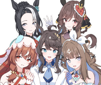Rule 34 | 5girls, absurdres, ahoge, almond eye (umamusume), animal ears, black hair, blue eyes, blush, braid, breasts, brown hair, colored inner hair, commentary request, daring tact (umamusume), ear covers, ear ornament, gentildonna (regina dei fiori) (umamusume), gentildonna (umamusume), hair between eyes, hair bun, hair ornament, hair rings, hairband, hairclip, highres, horse ears, horse girl, kashmir 0808, long hair, looking at viewer, mejiro ramonu (onyx line) (umamusume), mejiro ramonu (umamusume), mole, mole under eye, multicolored hair, multiple girls, open mouth, purple eyes, red eyes, ribbon, shirt, smile, star (symbol), star hair ornament, still in love (scarlet vow raiment) (umamusume), still in love (umamusume), streaked hair, triple tiara (umamusume), umamusume, upper body, veil, white hair