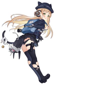 Rule 34 | 1girl, animal ear headwear, animal ears, animal print, b&amp;t mp9, backpack, bag, bandaged tail, behind-the-head headphones, bell, black hat, black shoes, black skirt, black tail, black thighhighs, blonde hair, blue bag, blue hat, blue jacket, blush, cat print, caution tape, convenient censoring, dinergate (girls' frontline), explosive, fake animal ears, fake tail, fake whiskers, stun grenade, girls' frontline, green eyes, grenade, gun, haijin, hand grenade, hat, headphones, holding strap, jacket, keep out, less-than-lethal weapon, long hair, long sleeves, looking at viewer, looking back, m84 stun grenade, mary janes, non-humanoid robot, official art, open mouth, pleated skirt, pouch, robot, sangvis ferri, shirt, shoes, simple background, skirt, solo, standing, stun grenade, submachine gun, tail, tail bell, tail ornament, tape, tears, thigh pouch, thigh strap, thighhighs, tmp (black cat nursery) (girls' frontline), tmp (girls' frontline), torn clothes, torn jacket, torn shirt, torn skirt, torn thighhighs, transparent background, weapon, white shirt