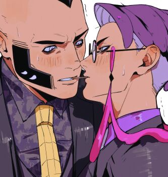 2boys black-framed_eyewear black_hair black_jacket blush collared_shirt corbeau_(pokemon) ear_blush food_in_mouth glasses highres jacket male_focus multiple_boys necktie nervous_sweating nintendo open_clothes open_jacket parted_lips patterned_clothing philippe_(pokemon) pokemon pokemon_legends:_z-a purple_hair purple_shirt round_eyewear shirt short_hair shu0718 sideburns suit_jacket sweat trembling upper_body white_background white_eyes wing_collar yaoi yellow_eyes yellow_necktie