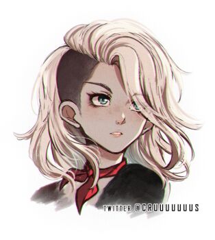 1girl asymmetrical_hair blonde_hair brown_hair commentary criis-chan dead_by_daylight english_commentary eyelashes face_piercing green_eyes kate_denson long_hair multicolored_hair neckerchief nose_piercing piercing portrait red_neckerchief sidecut simple_background solo twitter_username two-tone_hair undercut white_background