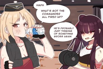 2girls artist_name barbell blonde_hair bottle doodle_sensei_(blue_archive) drinking english_text exercising fingerless_gloves garrison_cap girls'_frontline gloves gym hat highres i_wonder_what_she's_listening_to_(meme) meme mp40_(girls'_frontline) multiple_girls open_mouth outline purple_hair red_eyes sensei_(blue_archive) smart_oval speech_bubble sweat teeth towel upper_teeth_only wa2000_(girls'_frontline) water_bottle white_outline