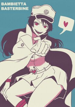 Rule 34 | 1girl, bambietta basterbine, belt, black hair, bleach, bleach: sennen kessen-hen, blue background, boots, breasts, buckle, cape, character name, commentary, english text, gloves, hand on own knee, hat, heart, heart-shaped buckle, highres, ikuno taso, jacket, jewelry, large breasts, long hair, military, military hat, military uniform, miniskirt, peaked cap, pleated skirt, reaching, reaching towards viewer, red eyes, skirt, solo, wandenreich uniform, white boots, white cape, white gloves, white hat, white jacket, white skirt