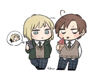 1girl 2boys ahoge arm_behind_back axis_powers_hetalia black_eyes black_ribbon black_shoes blonde_hair blue_eyes blue_pants blush_stickers brother_and_sister brown_hair brown_sweater_vest cellphone chibi chibi_only closed_mouth collared_shirt commentary_request food full_body green_hoodie green_necktie hair_ribbon half-closed_eyes highres holding holding_food holding_ice_cream holding_phone hood hoodie ice_cream liechtenstein_(hetalia) long_sleeves looking_at_phone looking_at_viewer male_focus mi_aph_to multiple_boys necktie open_clothes open_hoodie open_mouth pants phone plaid_clothes plaid_pants ribbon shirt shoes short_hair siblings smartphone southern_italy_(hetalia) speech_bubble standing sweater_vest switzerland_(hetalia) thought_bubble tongue tongue_out white_shirt