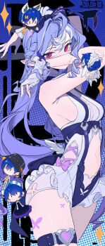 Rule 34 | 1girl, absurdres, animal print, belle (delicate sunlight) (zenless zone zero), belle (summer skies) (zenless zone zero), belle (zenless zone zero), bow, bowtie, breasts, butterfly print, character doll, chenxio8, clothing cutout, cowboy shot, doll, drill hair, drill sidelocks, fish hat, flat color, frilled one-piece swimsuit, frilled wrist cuffs, frills, halo, highres, large breasts, long hair, looking at viewer, official alternate costume, one-piece swimsuit, poster (medium), purple bow, purple bowtie, purple hair, red eyes, sideboob cutout, sidelocks, stomach cutout, swimsuit, two-tone one-piece swimsuit, vivian banshee, vivian banshee (iris of the shore), white halo, white headdress, white one-piece swimsuit, white wings, wings, wrist cuffs, zenless zone zero