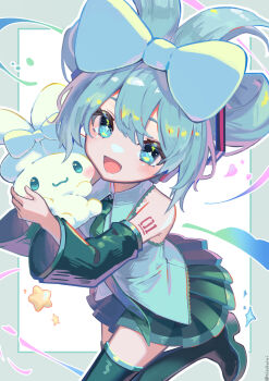 1girl :d absurdres bare_shoulders black_boots black_skirt black_sleeves blue_bow blue_eyes blue_hair blush boots bow cinnamiku cinnamoroll collared_shirt commentary cowboy_shot detached_sleeves double-parted_bangs fuwa_fuwa_cinnamoroll green_necktie grey_shirt hair_between_eyes hair_bow hatsune_miku highres holding long_sleeves looking_at_viewer miniskirt necktie nisokurui number_tattoo open_mouth outline pleated_skirt sanrio shirt short_hair shoulder_tattoo skirt sleeveless sleeveless_shirt smile tattoo thigh_boots twintails twitter_username updo vocaloid white_background white_outline
