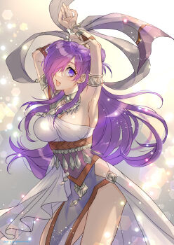 1girl alternate_costume armlet armpits arms_up breasts bryminoru cleavage commentary_request dancer dancer_(fire_emblem:_three_houses) dancing dated dress female_shez_(fire_emblem) fire_emblem fire_emblem:_three_houses fire_emblem_warriors:_three_hopes floating_hair hair_bun hair_over_one_eye highres jewelry large_breasts long_hair looking_at_viewer nintendo one_eye_covered open_mouth pelvic_curtain simple_background single_hair_bun smile solo thighs twitter_username white_background