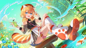 Rule 34 | 1girl, absurdres, azna, bamboo, bamboo forest, bell, beret, black leotard, blue eyes, blue flower, blunt sidelocks, cloud, commentary request, commission, dress, fingerless gloves, fish, flower, forest, gloves, green sky, hat, highres, indie virtual youtuber, koi, leg warmers, leotard, looking at viewer, medium hair, nature, no pants, open mouth, orange hair, outdoors, paw print, red hat, red panda ears, red panda girl, red panda tail, see-through clothes, see-through dress, sidelocks, sitting, skirt, sky, solo, thigh strap, toffee (vtuber), vgen commission, virtual youtuber, water, white flower, white gloves, white skirt