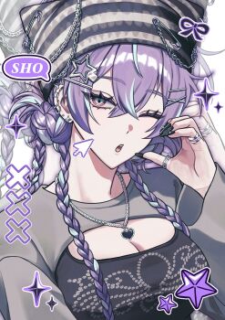 Rule 34 | 1girl, aka saki1, alternate costume, alternate hairstyle, beanie, black nails, braid, character name, cleavage cutout, clothing cutout, colored speech bubble, commentary, cursor, double bun, ear piercing, fingernails, genderswap, genderswap (mtf), hair between eyes, hair bun, hair ornament, hairclip, half-heart hands, hat, hat ornament, heart, heart necklace, highres, hoshirube sho, jewelry, long fingernails, long hair, long sleeves, looking at viewer, multicolored hair, multiple braids, multiple rings, necklace, nijisanji, one eye closed, open mouth, pendant, piercing, purple hair, ring, safety pin, speech bubble, star (symbol), star hair ornament, streaked hair, symbol-only commentary, upper body, virtual youtuber