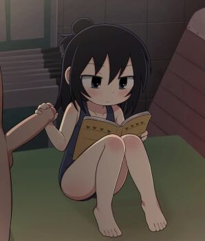 1boy 1girl animated bare_arms bare_legs barefoot black_hair blue_eyes blue_one-piece_swimsuit blush book closed_mouth collarbone cum cum_on_body cum_on_chest cum_on_clothes cum_on_upper_body ejaculation expressionless facial from_above full_body hair_bun handjob hetero holding holding_book indoors knee_blush knees_together_feet_apart knees_up loli looking_at_another looking_to_the_side marui_hitoha medium_hair mitsudomoe one-piece_swimsuit one_eye_closed penis pestil reading school_swimsuit sitting solo_focus swimsuit swuimsuit tagme uncensored video