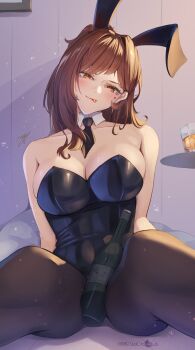 1girl adversarial_noise alcohol animal_ear_hairband animal_ears bare_shoulders between_thighs black_leotard black_necktie blush bottle breasts brown_hair cleavage closed_mouth commission copyright_notice covered_navel cup detached_collar drinking_glass fake_animal_ears green_eyes hairband highleg highres indoors large_breasts leotard mole mole_under_eye mug necktie original pantyhose pixiv_commission playboy_bunny rabbit_ear_hairband rabbit_ears ropi_(yyuichi29) signature sitting smile solo strapless strapless_leotard table tongue tongue_out wine wine_bottle
