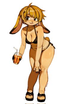 1girl animal_feet bendy_straw bikini breasts brown_eyes cup drink drinking_straw flip-flops full_body furry furry_female gatoasti highres holding holding_cup holding_drink jewelry leaning_forward looking_at_viewer navel necklace open_mouth original rabbit_girl sandals short_hair simple_background solo standing swimsuit twitter_username white_background