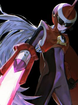 1boy arm_blade armor assault_visor black_background black_bodysuit bodysuit commentary_request cowboy_shot energy_sword grey_hair helmet highres jinsu_exe korean_commentary long_hair mega_man_(series) mega_man_battle_network_(series) netnavi protoman.exe red_armor red_helmet simple_background solo sword weapon