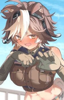 1girl abs animal_ears blush breasts brown_eyes brown_fur brown_gloves brown_hair brown_pants brown_shirt collared_shirt commission cropped_shirt cropped_torso day elbow_gloves embarrassed fang frown gloves highres horse_ears horse_girl horse_tail large_breasts long_hair looking_at_viewer medium_hair multicolored_hair open_mouth outdoors pants second-party_source shirt solo standing sweat tail tatara_(alnath_may) tomoe_umari tomoe_umari_(1st_costume) tongue upper_body v-dere virtual_youtuber white_hair