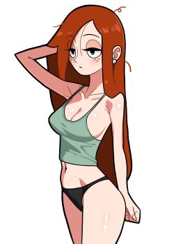 1girl absurdres arm_behind_head bare_shoulders black_panties blush earrings freckles gravity_falls highres jewelry long_hair messy_hair midriff n_k_m navel panties red_hair simple_background sleepy solo tank_top underwear wendy_corduroy