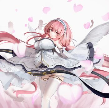 1girl absurdly_long_hair azur_lane bare_shoulders breasts center_frills commentary_request detached_sleeves dress feathered_wings feet_out_of_frame frilled_dress frilled_hairband frills hairband highres large_breasts long_hair long_sleeves looking_at_viewer perseus_(azur_lane) petals pink_eyes pink_hair skindentation solo taisanai thighhighs twintails very_long_hair white_dress white_thighhighs white_wings wide_sleeves wings