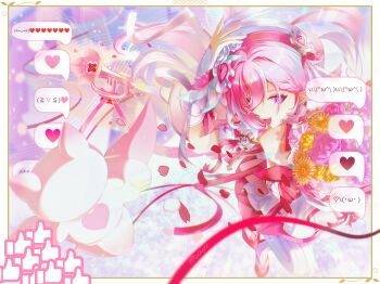 &gt;_&lt; 1girl absurdres arm_up border breasts commentary dress elysia_(hi_love_elf)_(honkai_impact) elysia_(honkai_impact) emoji english_commentary hair_ornament hat heart heart_hair_ornament highres honkai_(series) honkai_impact_3rd little_messenger_(honkai_impact) lolbyts looking_at_viewer medium_breasts open_mouth pink_hair pink_petals pink_theme purple_eyes revision smile solo thumbs_up white_border white_dress white_hat