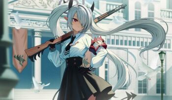 1girl adversarial_noise black_gloves black_necktie black_ribbon black_skirt blue_archive blush bolt_action dark-skinned_female dark_skin gloves gun hair_over_one_eye hair_ribbon hand_on_own_hip high-waist_skirt highres holding holding_gun holding_weapon iori_(blue_archive) long_hair mauser_98 necktie pointy_ears red_eyes ribbon rifle shirt sidelocks sion_(9117) skirt solo twintails weapon white_shirt