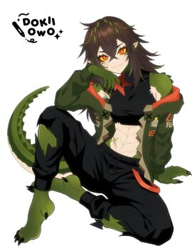 1girl artist_name bare_shoulders barefoot black_pants black_shirt brown_hair closed_mouth colored_sclera commentary crocodile_girl crocodilian_tail dokii0w0 english_commentary fangs full_body green_jacket green_scales green_streaks highres indie_virtual_youtuber jacket kairyu_crocodile long_hair looking_at_viewer midriff monster_girl multicolored_hair open_clothes open_jacket pants pointy_ears red_eyes scar shirt simple_background sitting skin_fangs sleeveless sleeveless_shirt slit_pupils smile solo streaked_hair tail torn_clothes torn_pants virtual_youtuber white_background yellow_sclera