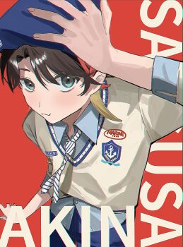 1boy 8dai alternate_costume arm_up blue_eyes brown_hair character_name closed_mouth commentary hair_between_eyes hashtag-only_commentary highres long_sleeves looking_at_viewer male_focus nijisanji pinstripe_necktie red_background saegusa_akina short_hair simple_background solo sweater symbol-only_commentary v-neck virtual_youtuber white_sweater