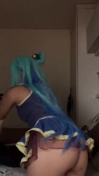 1girl animated aqua_(konosuba) aqua_(konosuba)_(cosplay) ass audible_speech blue_hair brazilian_(nationality) cosplay female_focus kono_subarashii_sekai_ni_shukufuku_wo! long_hair looking_at_viewer nerokosplayer no_panties photo_(medium) real_life skirt solo sound tagme teeth video