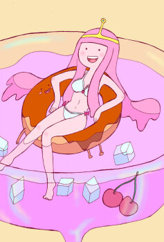 1girl adventure_time barefoot bikini black_eyes blush blush_stickers bow bow_bikini breasts cartoon_network character_request cherry cleavage colored_skin donut drink food fruit heart highres ice ice_cube innertube lace lace-trimmed_bikini lace_trim long_hair looking_at_viewer lying medium_breasts navel open_mouth oversized_food oversized_object ozworld7 pink_bow pink_hair pink_skin pool princess princess_bonnibel_bubblegum smile soaking_feet swim_ring swimsuit teeth tiara white_bikini