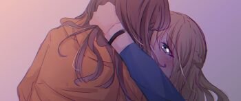 Rule 34 | 2girls, asakura karen (heaven burns red), blonde hair, blue eyes, blush, braid, brown hair, commentary, half up braid, hand in another's hair, heaven burns red, highres, hood, hoodie, looking at another, multiple girls, orange hoodie, toujou tsukasa, tsuki mi925, yuri