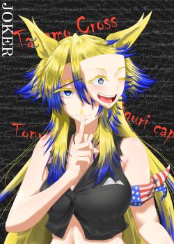 1girl absurdres animal_ears armband black_vest blonde_hair blue_eyes blue_hair character_mask commentary cropped_vest ear_piercing english_text finger_to_mouth gradient_hair highres horse_ears horse_girl long_hair mask mask_on_head midriff multicolored_hair obey_your_master_(umamusume) piercing shushing solo text_background tsumura_(user_fvej5527) two-tone_hair umamusume umamusume:_cinderella_gray upper_body very_long_hair vest