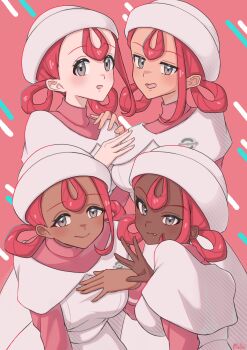 4girls blush breasts closed_mouth dark-skinned_female dark_skin dress grey_eyes hair_between_eyes hair_rings hat highres joy_(pokemon) long_hair long_sleeves looking_at_viewer mochitaro_(mothitaroo) multiple_girls nintendo nurse nurse_cap open_mouth pink_dress pink_hair pokemon pokemon_legends:_z-a smile white_dress
