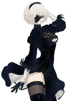 Rule 34 | 1girl, 2b (nier:automata), arm up, black dress, black gloves, blindfold, breasts, cleavage cutout, clothing cutout, commentary, covered eyes, cowboy shot, dress, facing viewer, feather-trimmed sleeves, gloves, gluteal fold, grey hair, groin, highres, juliet sleeves, leotard, leotard under clothes, long sleeves, medium breasts, mitsuki nite, mole, mole under mouth, nier:automata, nier (series), parted lips, puffy sleeves, short hair, side slit, simple background, solo, standing, sword, twitter username, virtuous treaty, weapon, white background, white leotard