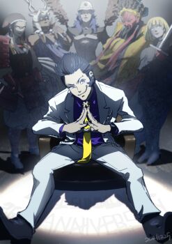 1girl 5boys armor baggy_pants behind_another black_hair black_headdress black_shoes blazer blonde_hair breastplate character_request dark-skinned_male dark_skin demon_(megami_tensei) devil_summoner_(series) dress_shirt facing_another facing_to_the_side fake_horns grey_background grey_eyes hair_slicked_back hat head_tilt helmet highres holding holding_sword holding_weapon horned_helmet horns jacket japanese_armor japanese_clothes kimono kuzunoha_kyouji leaning_forward long_sideburns looking_ahead looking_to_the_side multiple_boys necktie open_clothes open_jacket own_hands_together pants purple_shirt red_armor shade shirt shoes shoulder_armor sideburns sitting smirk spotlight spread_legs sword tan topless_male tori_(bromaticbrotrap) vignetting weapon white_hat white_jacket white_pants yellow_kimono yellow_necktie