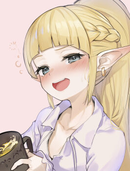 1girl alcohol blonde_hair blue_eyes blush braid character_request collarbone commentary_request cup drunk earrings highres holding holding_cup jewelry long_hair minutachi open_mouth pointy_ears ponytail solo upper_body wizardry_variants_daphne