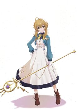 1girl absurdres aqua_jacket boots breasts brown_boots brown_eyes brown_hair closed_mouth commentary_request dress eyebrows_hidden_by_hair full_body gloves hair_between_eyes hand_on_own_hip highres holding holding_staff illustrator_thunderbird jacket looking_at_viewer mage_staff medium_hair monica_everett school_uniform shadow short_twintails silent_witch simple_background small_breasts smile solo staff twintails vest white_background white_dress white_gloves white_vest