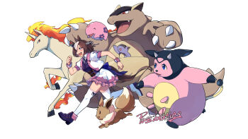 1girl absurdres animal_ears bad_id bad_pixiv_id belt braid brown_hair commentary cropped_jacket eevee english_commentary frilled_skirt frills fuyukayui gen_1_pokemon gen_2_pokemon half_up_braid highres horse_ears horse_girl horse_tail kangaskhan miltank miniskirt multicolored_hair nintendo pokemon rapidash running shoes short_hair simple_background skirt special_week_(special_dreamer)_(umamusume) special_week_(umamusume) tail thighhighs trait_connection two-tone_hair umamusume white_background white_hair white_thighhighs