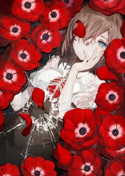 absurdres amano_(amn_amn) blue_eyes bone brown_hair brown_skirt character_request collared_shirt copyright_request flower hair_over_one_eye hand_on_own_cheek hand_on_own_face highres looking_at_viewer medium_hair red_flower ribs shirt skirt white_shirt