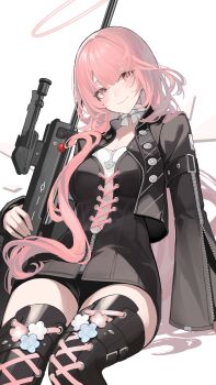 1girl absurdres angel arknights black_boots black_dress black_jacket black_shorts boots breasts commentary detached_wings dress gun halo highres holding holding_weapon jacket lemuen_(arknights) looking_at_viewer medium_breasts paszuto pink_eyes pink_hair rifle shorts simple_background smile solo thighs weapon white_background wings