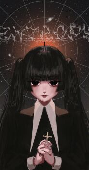 1girl black_dress black_eyes black_hair cross dress english_text expressionless highres hime_cut inai_the_maid long_hair looking_at_viewer original solo space star_(sky) straight-on twintails upper_body