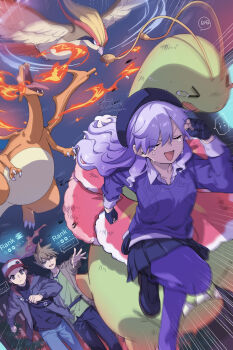 >_< 1girl 2boys 88_(einnimnech) baseball_cap beret bird black_gloves black_hair black_jacket black_pants black_shirt black_skirt blue_oak blue_pants breasts brown_eyes brown_hair brown_jacket charizard claws closed_mouth commentary_request crying dragon fangs fire flower gen_1_pokemon gen_2_pokemon gloves glowing glowing_eyes green_shirt hat highres jacket meganium multiple_boys nintendo open_clothes open_jacket open_mouth original outstretched_arm pants pantyhose pidgeot pokemon pokemon_(creature) pokemon_legends:_z-a pokemon_rgby purple_hair purple_pantyhose purple_sweater red_(pokemon) red_eyes shirt short_hair skirt smile spiked_hair sweater tears tongue tongue_out wings
