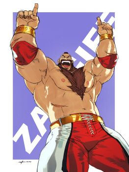 1boy :d abs arms_up bara beard bulge character_name chest_tuft cowboy_shot eric_huang facial_hair full_beard highres huge_pectorals index_finger_raised looking_at_viewer male_focus mature_male mohawk multiple_scars muscular muscular_legs muscular_male navel nipples open_mouth scar short_hair smile solo standing street_fighter street_fighter_6 strongman_waist thick_beard thick_chest_hair thick_eyebrows thighs topless_male wrestler zangief