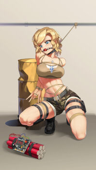 1girl abs absurdres arms_behind_back ball_gag bdsm blonde_hair blue_eyes bondage bound braid breasts collar command_&amp;_conquer commission explosive full_body gag gagged highres long_hair medium_breasts navel original peril pointy_ears restrained rope saliva second-party_source shinebell skindentation solo tanya_(red_alert_3) tnt variant_set wiffle_gag