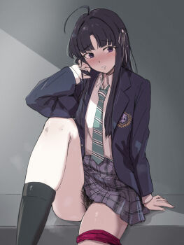 1girl ahoge awa_subaru black_hair black_socks blush censored clenched_teeth commentary_request female_pubic_hair girls_band_cry long_hair looking_to_the_side miniskirt mosaic_censoring necktie panties panties_around_leg plaid_clothes plaid_skirt pubic_hair purple_eyes red_panties revision school_uniform shy sitting skirt socks solo striped_necktie teeth underwear x4824