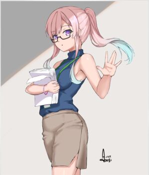 1girl \||/ airani_iofifteen alternate_costume alternate_hairstyle blue_hair blue_shirt breasts brown_skirt commentary cowboy_shot english_commentary glasses gradient_hair grey_background holding holding_paper hololive hololive_indonesia long_hair long_sidelocks looking_at_viewer medium_breasts miniskirt multicolored_hair office_lady paper parted_lips pencil_skirt pink_hair ponytail purple_eyes salute shirt side_slit sidelocks skirt sleeveless sleeveless_turtleneck solo sundajin_asagi turtleneck turtleneck_shirt virtual_youtuber vulcan_salute