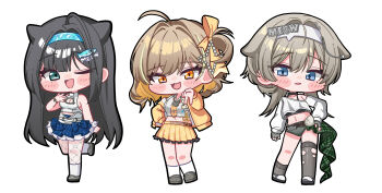3girls ahoge anis_(nikke) anis_(star)_(t.t._star)_(nikke) asymmetrical_legwear bare_shoulders black_hair black_shoes black_thighhighs blonde_hair blue_eyes blue_skirt blush_stickers bracelet breasts brown_hair chibi cleavage_cutout clothing_cutout crop_top fingerless_gloves fishnet_pantyhose fishnets full_body gloves goddess_of_victory:_nikke grey_gloves grey_hair grey_shorts hair_ribbon hairband idol_clothes inesia jacket jewelry long_hair long_sleeves looking_at_viewer medium_breasts midriff mint_(nikke) mole mole_under_eye multicolored_hair multiple_girls navel necktie off_shoulder one_eye_closed open_mouth pantyhose pleated_skirt prika_(nikke) ribbon shirt shoes short_hair shorts simple_background skirt sleeveless smile socks standing standing_on_one_leg t.t._star_(nikke) thighhighs torn_clothes torn_thighhighs two-tone_hair white_background white_shirt white_socks wink yellow_eyes yellow_jacket yellow_ribbon yellow_skirt