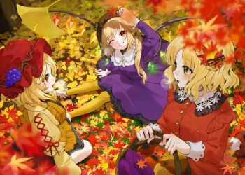 3girls :d ;d aki_minoriko aki_shizuha alternate_costume apron arm_up autumn autumn_leaves black_skirt blonde_hair blurry blurry_foreground brown_hat collared_shirt commentary_request crystal dress falling flandre_scarlet food fruit ginkgo_leaf gotoh_(nekocat) hair_ornament hat highres holding holding_leaf leaf leaf_hair_ornament long_hair looking_up maple_leaf mob_cap multiple_girls one_eye_closed open_mouth orange_apron outdoors pear persimmon pointy_ears purple_dress red_eyes red_hat red_shirt shirt short_hair sitting skirt smile sweet_potato touhou wings yellow_shirt