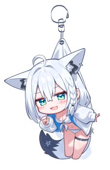 1girl ahoge animal_ears bikini breasts chibi cleavage commentary_request deaver deformed fox_ears fox_girl fox_shadow_puppet full_body highres hololive jacket jacket_over_swimsuit long_hair open_clothes open_jacket shirakami_fubuki side-tie_bikini_bottom simple_background solo swimsuit virtual_youtuber white_background white_bikini white_hair white_jacket
