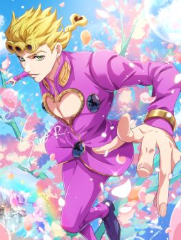 1boy blonde_hair braid cleavage_cutout clothing_cutout commentary_request earrings falling_petals flower giorno_giovanna green_eyes heart_cutout highres jewelry jojo_no_kimyou_na_bouken long_hair long_sleeves looking_at_viewer male_focus outstretched_arms pectoral_cleavage pectorals petals signature sky smile stud_earrings vento_aureo watawata_nr_(siroraku)