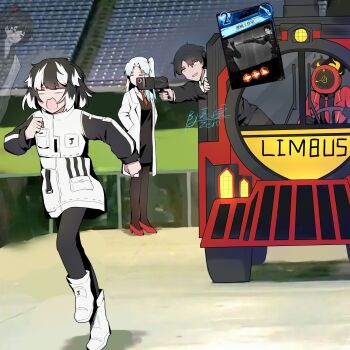 1boy 1other 3girls angela_(project_moon) animal_ears black_gloves black_hair black_jacket black_pants blue_hair boots brown_pantyhose bus carmen_(project_moon) chinese_commentary clock coat commentary_request dante_(limbus_company) dog_ears driving fire gameplay_mechanics gloves highres jacket jang_schna lab_coat library_of_ruina limbus_company lobotomy_corporation long_sleeves medium_hair mephistopheles_(project_moon) motor_vehicle mu_xiao_ling_zero multicolored_hair multiple_girls necktie open_mouth pants pantyhose photo-referenced photo_background project_moon red_coat red_necktie red_shoes roland_(project_moon) shoes streaked_hair virtual_youtuber white_boots white_coat white_jacket white_streaks