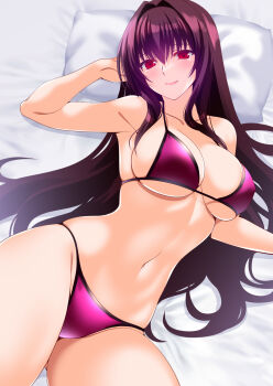 Rule 34 | 1girl, arm up, bed sheet, bikini, breasts, closed mouth, engo (aquawatery), fate/grand order, fate (series), highres, large breasts, light smile, long hair, looking at viewer, lying, navel, on back, pillow, purple bikini, purple hair, red eyes, scathach (fate), scathach (fate/grand order), scathach (swimsuit assassin) (fate), solo, stomach, swimsuit, very long hair
