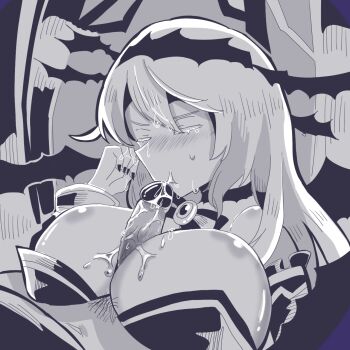 1girl bad_id bad_pixiv_id breasts chaos_aurora_(grimms_notes) closed_eyes grimms_notes large_breasts monochrome odai_0715 paizuri