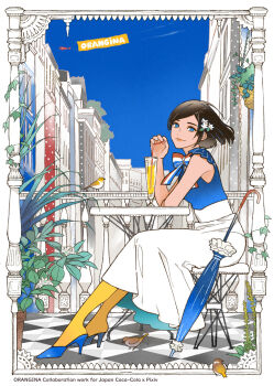 1girl aircraft airplane ame_(conronca) balcony banner basket bird black_hair blue_eyes bow bowtie building chair checkered_floor closed_mouth commentary_request cup day drink drinking_glass drinking_straw flag_print flower french_flag french_flag_print from_side full_body hair_flower hair_ornament high_heels highres lace looking_at_viewer looking_back orange_pantyhose orangina original pantyhose personification plant polka_dot potted_plant railing revision shoes short_hair sitting skirt sky sleeveless smile solo swept_bangs table twitter_username two-sided_fabric two-sided_skirt vines yellow_pantyhose